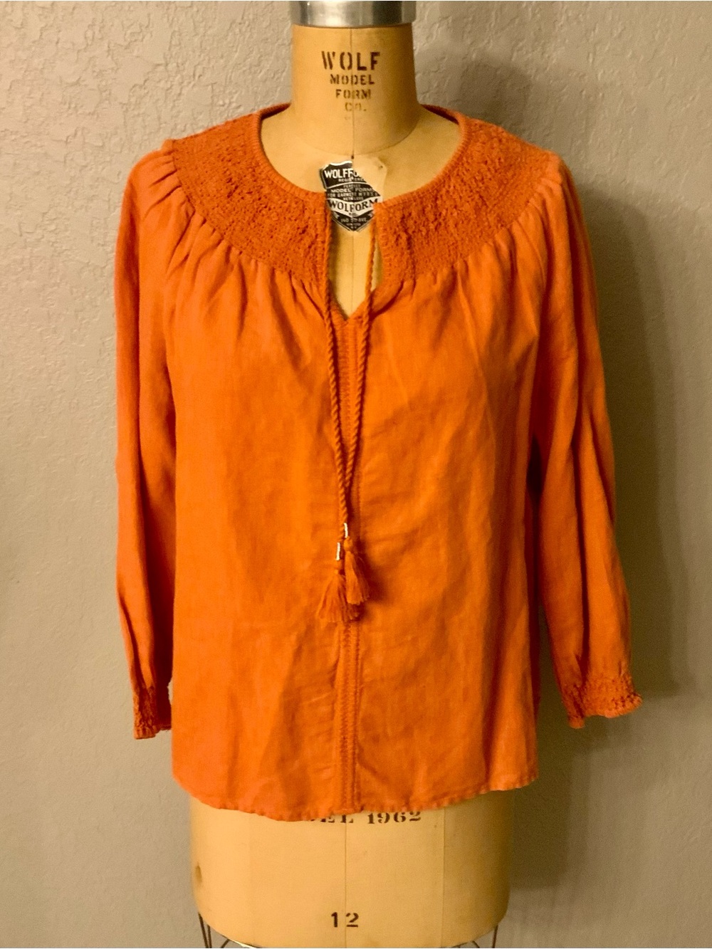 Rachel Zoe Burnt Orange Tie-Neck Peasant Blouse Small